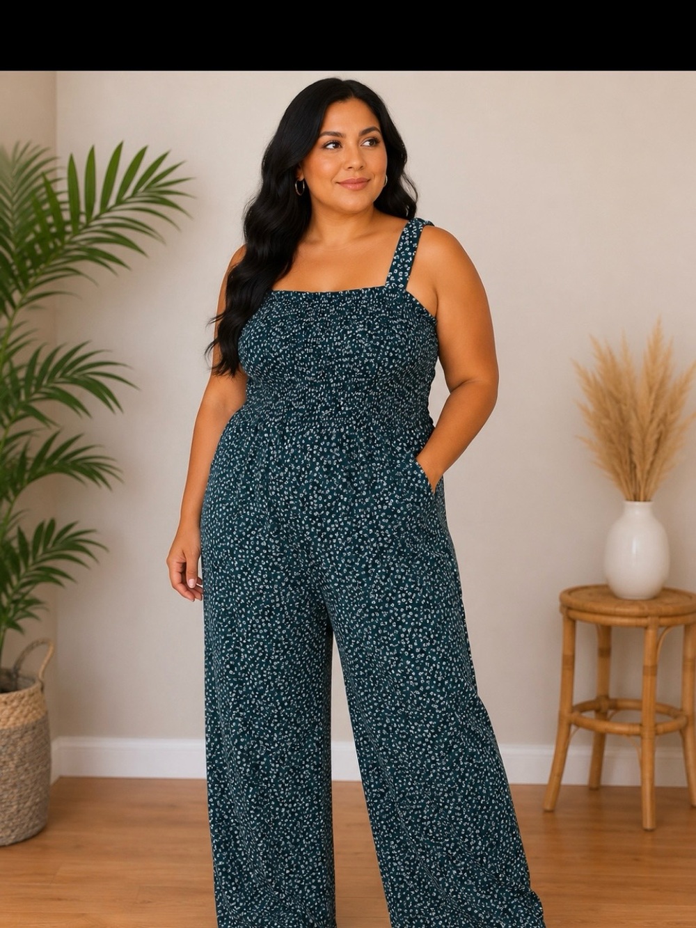 Smocked Wide-Leg Jumpsuit in Teal Ditsy Floral